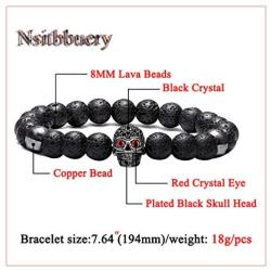 Nsitbbuery Fashion Crystal Eye Skull Bracelet 8MM Lava Rock Bead Bracelet