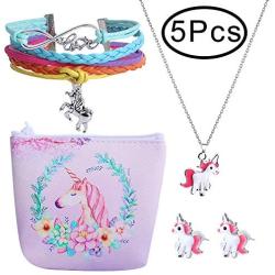 Hicdaw 5 Pcs Jewelry Set for Unicorn Gift for Girls Included Friendship Bracelet Cute Stud Earrings Storage Bag Necklace