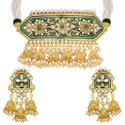 I Jewels Indian Bollywood Gold Plated Kundan Pearl Meena Work Choker Jewelry set with Jhumkis For Women