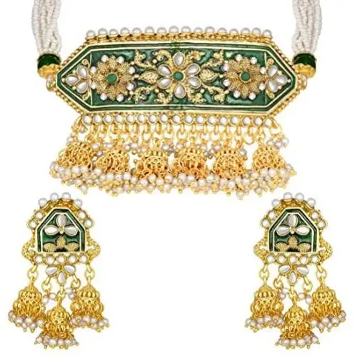 I Jewels Indian Bollywood Gold Plated Kundan Pearl Meena Work Choker Jewelry set with Jhumkis For Women I Jewels Indian Bollywood Gold Plated Kundan Pearl Meena Work Choker Jewelry set with Jhumkis For Women