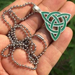 St Patricks Jewelry Elemental Green Celtic Triquetra Trinity Knot Norse Viking Pagan Magic Wicca Wiccan Witch Protection Amulet Pewter Pendant Necklace Charm for men women w Silver Ball chain