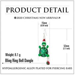 RareLove Cute Christmas Happy Turtle Tortise with Santa Hat Ring Bell Piercing Dangle Earrings Silver Plated Alloy Holiday Jewelry For Women Girls