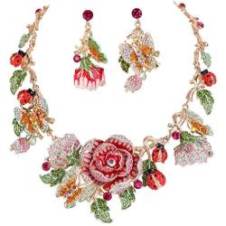 EVER FAITH Crystal Enamel Flower Cluster Butterfly Ladybug Insect Necklace Earrings Set Gold-Tone