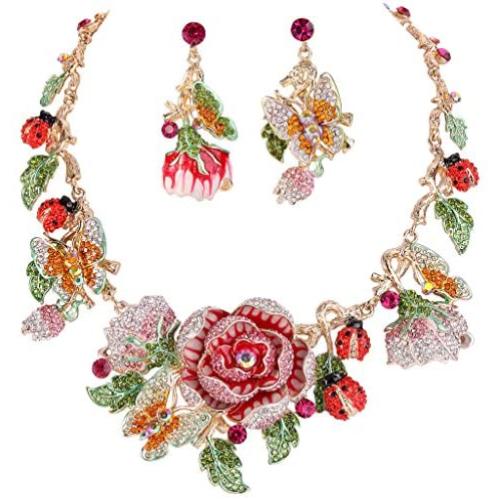 EVER FAITH Crystal Enamel Flower Cluster Butterfly Ladybug Insect Necklace Earrings Set Gold-Tone