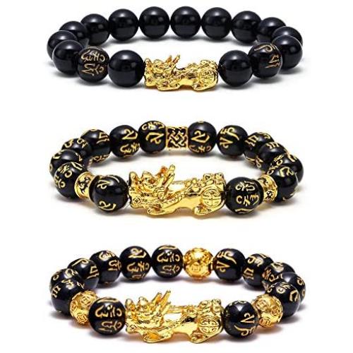 HiRinK 3Pcs Feng Shui Good Luck Bracelets- Lucky Charm Pi Xiu Pi Yao Bracelet Chinese Dragon Attract Good Luck and Wealth Jewelry Adjustable Elastic for Men Women