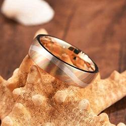 DOUX 6mm Mokume Gane Weeding Ring Silver Inlay Woodgrain Copper Domed Flat Couple Ring Engagement Band