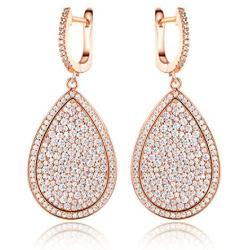 Barzel 18K Rose Gold Plated or White Gold Plated Pave Cubic Zirconia Teardrop Dangling Earrings