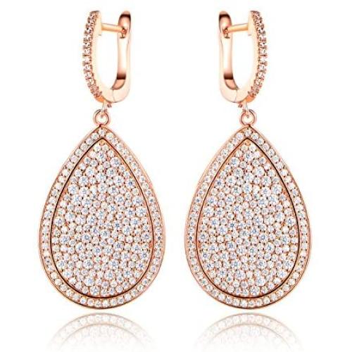 Barzel 18K Rose Gold Plated or White Gold Plated Pave Cubic Zirconia Teardrop Dangling Earrings