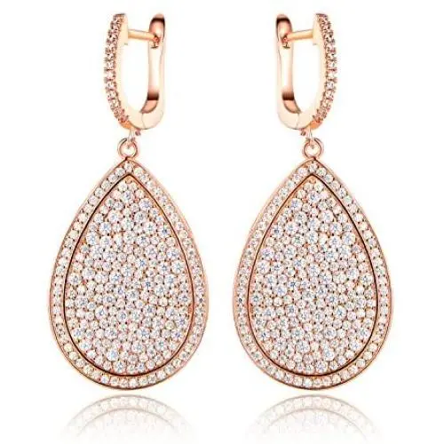 Barzel 18K Rose Gold Plated or White Gold Plated Pave Cubic Zirconia Teardrop Dangling Earrings Barzel 18K Rose Gold Plated or White Gold Plated Pave Cubic Zirconia Teardrop Dangling Earrings