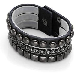 Jovivi Men Women Punk Rock Genuine Leather Multi Layers Spike Studded Rivets Strap Wrap Biker Leather Cuff Bracelet Bangle Wristband, Black