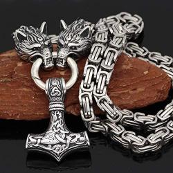 GuoShuang Men Stainless Steel Wolf Head Norse Viking Amulet Thor Mjolnir Necklace King Chain with Valknut Gift Bag