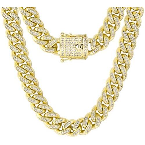 KRKC&CO 14mm Iced Cuban Link Chain, 14k/White Gold Cuban Link Curb Chain for Men, Cuban Choker Necklace, Durable and Anti-Tarnish Urban Street-wear Everlasting Shine Hip Hop Jewelry