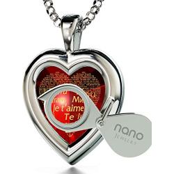 925 Sterling Silver Heart Pendant I Love You Necklace 24k Gold Inscribed in 120 Languages in Miniature Text on Sparkling Brilliant Cut Heart-Shaped Cubic Zirconia Gemstone, 18'' Rolo Chain
