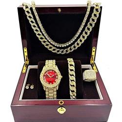 Fully Iced Mens Big Rocks Bezel Color Dial with Roman Numerals, Cuban Chain Bracelet, Cuban Necklace, Tennis Chain & Ring - ST10327CRNT