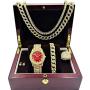 Fully Iced Mens Big Rocks Bezel Color Dial with Roman Numerals, Cuban Chain Bracelet, Cuban Necklace, Tennis Chain & Ring - ST10327CRNT