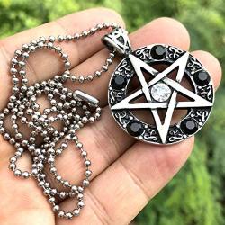 Wicca Jewelry Celtic Pentagram Pentacle Star Clear White-Black Crystal Gem Wiccan Pagan Witch Magic Healing Protection Amulet Pewter Mens Womens Pendant Necklace Charm Men Women w Silver Ball Chain