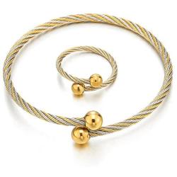 COOLSTEELANDBEYOND A Set of Ladies Adjustable Stainless Steel Gold Silver Twisted Cable Bangle Ball Bracelet and Ring