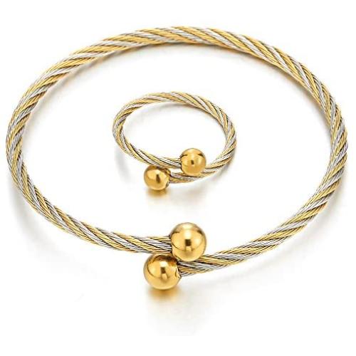 COOLSTEELANDBEYOND A Set of Ladies Adjustable Stainless Steel Gold Silver Twisted Cable Bangle Ball Bracelet and Ring