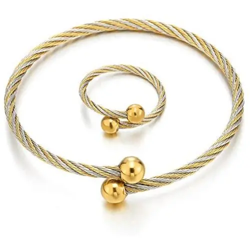 COOLSTEELANDBEYOND A Set of Ladies Adjustable Stainless Steel Gold Silver Twisted Cable Bangle Ball Bracelet and Ring