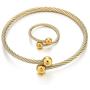 COOLSTEELANDBEYOND A Set of Ladies Adjustable Stainless Steel Gold Silver Twisted Cable Bangle Ball Bracelet and Ring