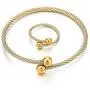 COOLSTEELANDBEYOND A Set of Ladies Adjustable Stainless Steel Gold Silver Twisted Cable Bangle Ball Bracelet and Ring
