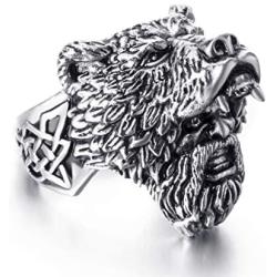 Elfasio Stainless Steel Rings for Men Viking Bear Man Warrior Silver Black Titanium Biker Ring Charm Jewelry