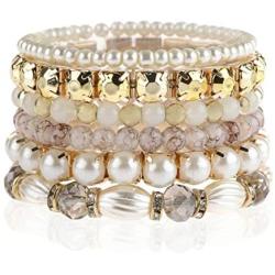 RIAH FASHION Bohemian Multi Strand Faux Pearl Bracelets - Layer Beaded Statement Stretch Lovely Crystal Charm Bangles Flower, Star, Heart