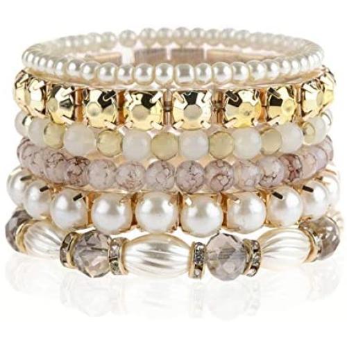 RIAH FASHION Bohemian Multi Strand Faux Pearl Bracelets - Layer Beaded Statement Stretch Lovely Crystal Charm Bangles Flower, Star, Heart
