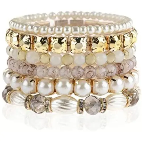 RIAH FASHION Bohemian Multi Strand Faux Pearl Bracelets - Layer Beaded Statement Stretch Lovely Crystal Charm Bangles Flower, Star, Heart RIAH FASHION Bohemian Multi Strand Faux Pearl Bracelets - Layer Beaded Statement Stretch Lovely Crystal Charm Bangles Flower, Star, Heart