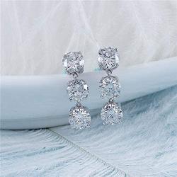 DovEggs Sterling Silver 3CTW 5mm G-H-I Color Clear Moissanite Three Stone Drop Earring Push Back for Women