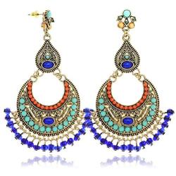 RechicGu Tribal Vintage Crescent Blue Stone Jhumki Jhumka Banjara Kuchi Belly Dance Gypsy Earrings