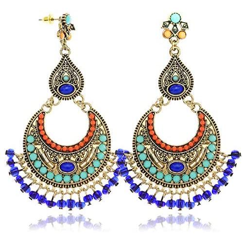 RechicGu Tribal Vintage Crescent Blue Stone Jhumki Jhumka Banjara Kuchi Belly Dance Gypsy Earrings