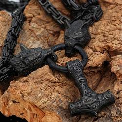 YANGFJcor Retro Viking Mens Wolf Head Mjolnir Necklace,Nordic Celtic Thors Hammer Pendant, Men Titanium Steel Square Black King Chain Pagan Amulet Jewelry Gift