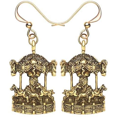 NEWEI Plated Alloy Antique Gold Merry-go-round Carousel Horse Earrings For Women Kid Dangle Vintage Jewelry Gift
