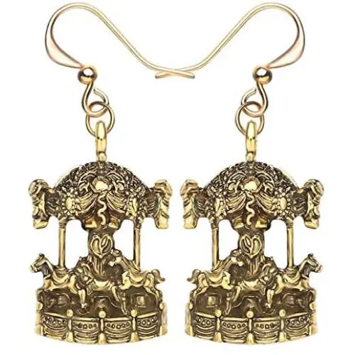 NEWEI Plated Alloy Antique Gold Merry-go-round Carousel Horse Earrings For Women Kid Dangle Vintage Jewelry Gift