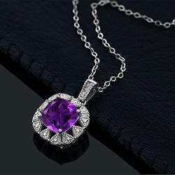 Gem Stone King 925 Sterling Silver Purple Amethyst and White Diamond Pendant Necklace For Women (2.06 Ct Cushion with 18 Inch Chain)