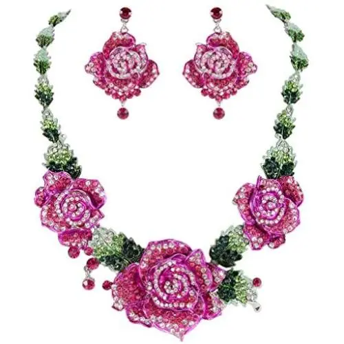 EVER FAITH Womens Austrian Crystal Blooming Rose Flower Necklace Earrings Set for Bride, Prom, Ball