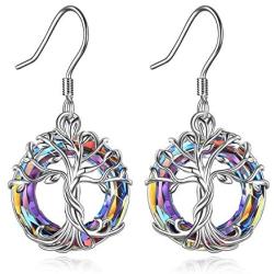 TOUPOP Tree of Life Earrings 925 Sterling Silver Drop Dangle Earrings with Circle Crystal Jewelry Gifts for Women Girls Mom Grandmother Birthday Mothers Day