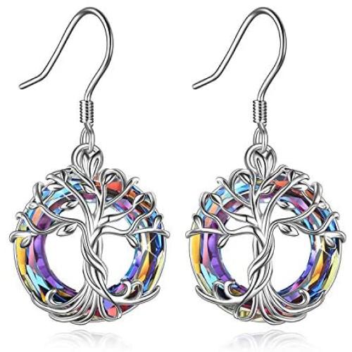 TOUPOP Tree of Life Earrings 925 Sterling Silver Drop Dangle Earrings with Circle Crystal Jewelry Gifts for Women Girls Mom Grandmother Birthday Mothers Day