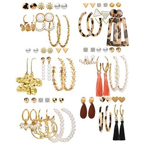 36 Pairs Fashion Earrings Packs for Women Girls, 2020 Gold Crystal Butterfly Star Pearl Tassel Acrylic Hoop Stud Drop Dangle Earrings Set Wholesale BOHO Jewelry Set