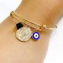 18K Gold Plated Expandable Bangle Bracelet Charm St. Benedict Medal & Genuine Azabache Stone