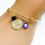 18K Gold Plated Expandable Bangle Bracelet Charm St. Benedict Medal & Genuine Azabache Stone
