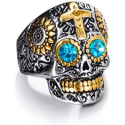 Elfasio Mens Stainless Steel Ring Skull Gothic Cross Red Blue Green Eye Silver Gold Biker Jewelry