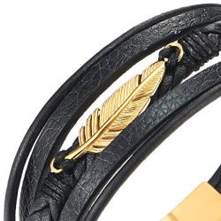 COOLSTEELANDBEYOND Mens Women Stainless Steel Feather Multi-Strand Black Braided Leather Bangle Bracelet
