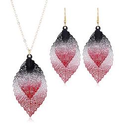 Caiyao Leaf Long Pendant Necklace Dangle Earrings Jewelry Set Delicate Colorful Filigree Long Leaves Necklace Unique Bohemian Double Layer Leaf Charm Earrings for Women Girls