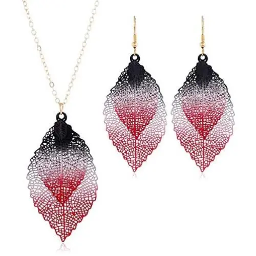 Caiyao Leaf Long Pendant Necklace Dangle Earrings Jewelry Set Delicate Colorful Filigree Long Leaves Necklace Unique Bohemian Double Layer Leaf Charm Earrings for Women Girls