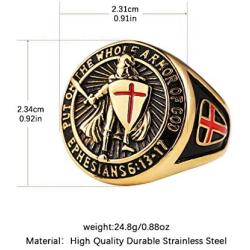 HZMA Knights Templar Put On The Whole Armor of God Ephesians 6:13-17 Red Cross Design Mens Stainless Steel Ring