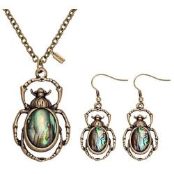 MANZHEN Antique Bronze Abalone Shell Bug Wildlife Necklace Scarab Earring Woodland Animal Jewelry Set