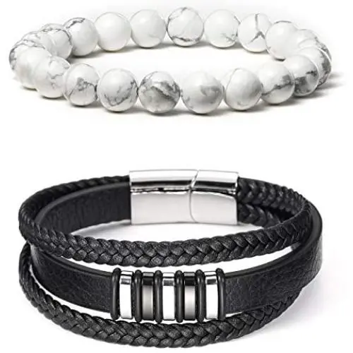 BINLUN 2Pcs Black Braided Genuine Leather Bracelet & 8mm White Turquoise Beads Bracelet Set 3 Magnetic Clasp Copper Decoration Elastic Bracelet Natural Stone Yoga Bracelet BINLUN 2Pcs Black Braided Genuine Leather Bracelet & 8mm White Turquoise Beads Bracelet Set 3 Magnetic Clasp Copper Decoration Elastic Bracelet Natural Stone Yoga Bracelet