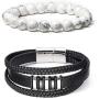 BINLUN 2Pcs Black Braided Genuine Leather Bracelet & 8mm White Turquoise Beads Bracelet Set 3 Magnetic Clasp Copper Decoration Elastic Bracelet Natural Stone Yoga Bracelet